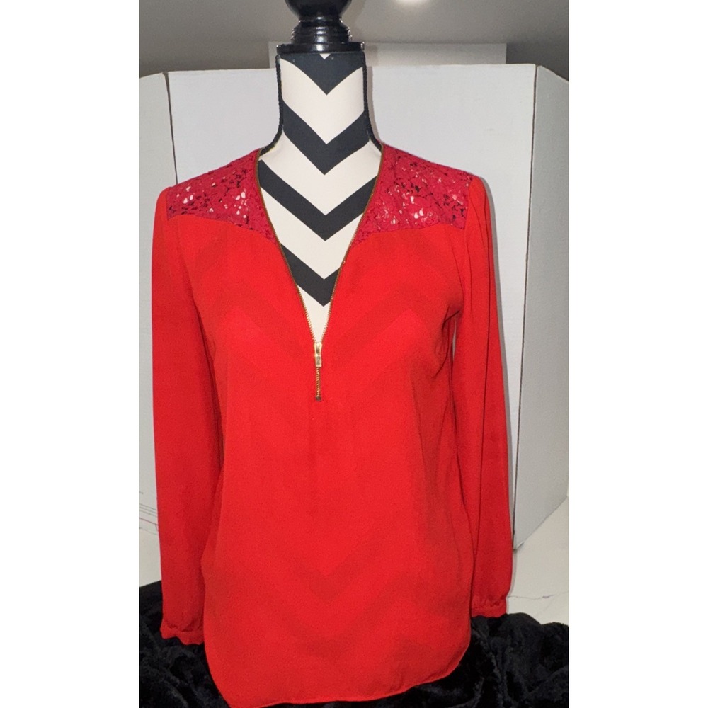 Cache Womens Red Lace Yoke Half Zip Long Sleeve Blouse Size XS
